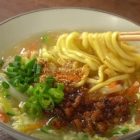 Homemade Noodle Soup with Egg Noodles and Meat Topping