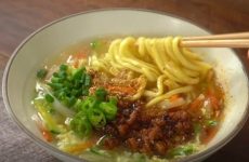 Homemade Noodle Soup with Egg Noodles and Meat Topping