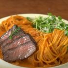 Spaghetti in Spicy Pink Sauce with Seared Steak