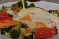 Creamy White Wine and Cheese Sauce Salmon with Roasted Vegetables