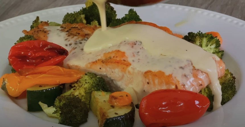 Creamy White Wine and Cheese Sauce Salmon with Roasted Vegetables